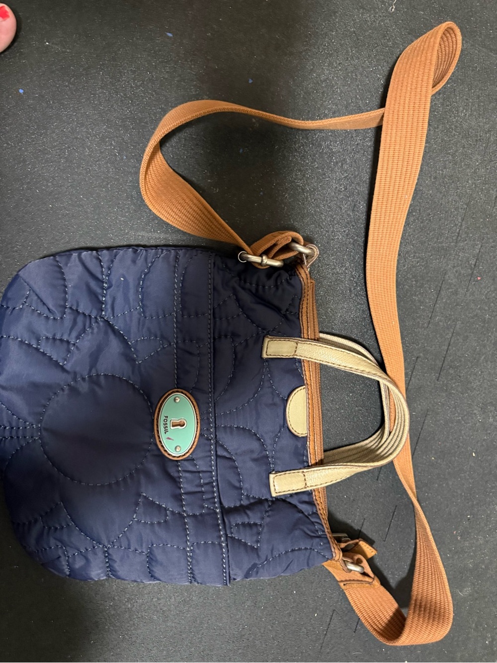 Fossil Navy Quilted Crossbody with Tan Strap